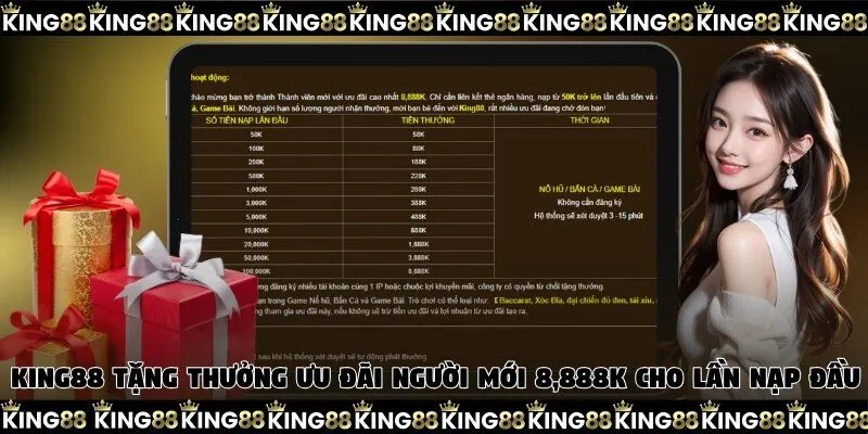King88 tặng thưởng ưu đãi người mới 8,888K cho lần nạp đầu